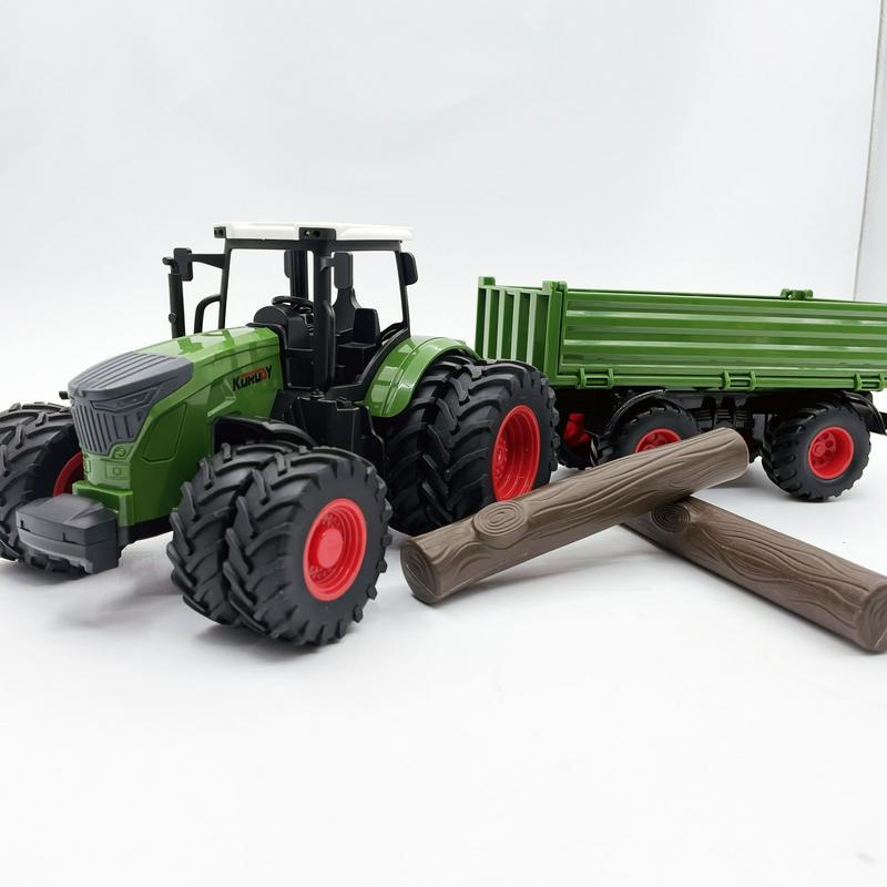 Image of A Lifelike 16.54-inch Toy Farm Tractor Set That Includes A Trailer And Wood, Ideal For Christmas And Birthday Gifts, Featuring A Sturdy Push Design