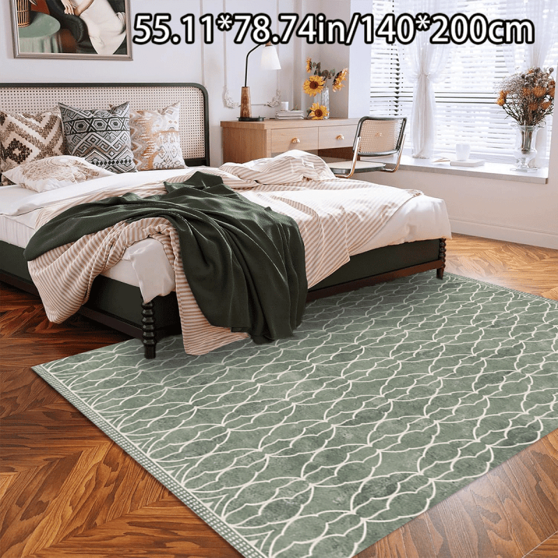 TEMU 1pc Ad Green Line Pattern Polyester Rug | Comfortable, Non-slip, Machine Washable, Suitable For Living Room, Bedroom, Indoor Use, Multiple Sizes