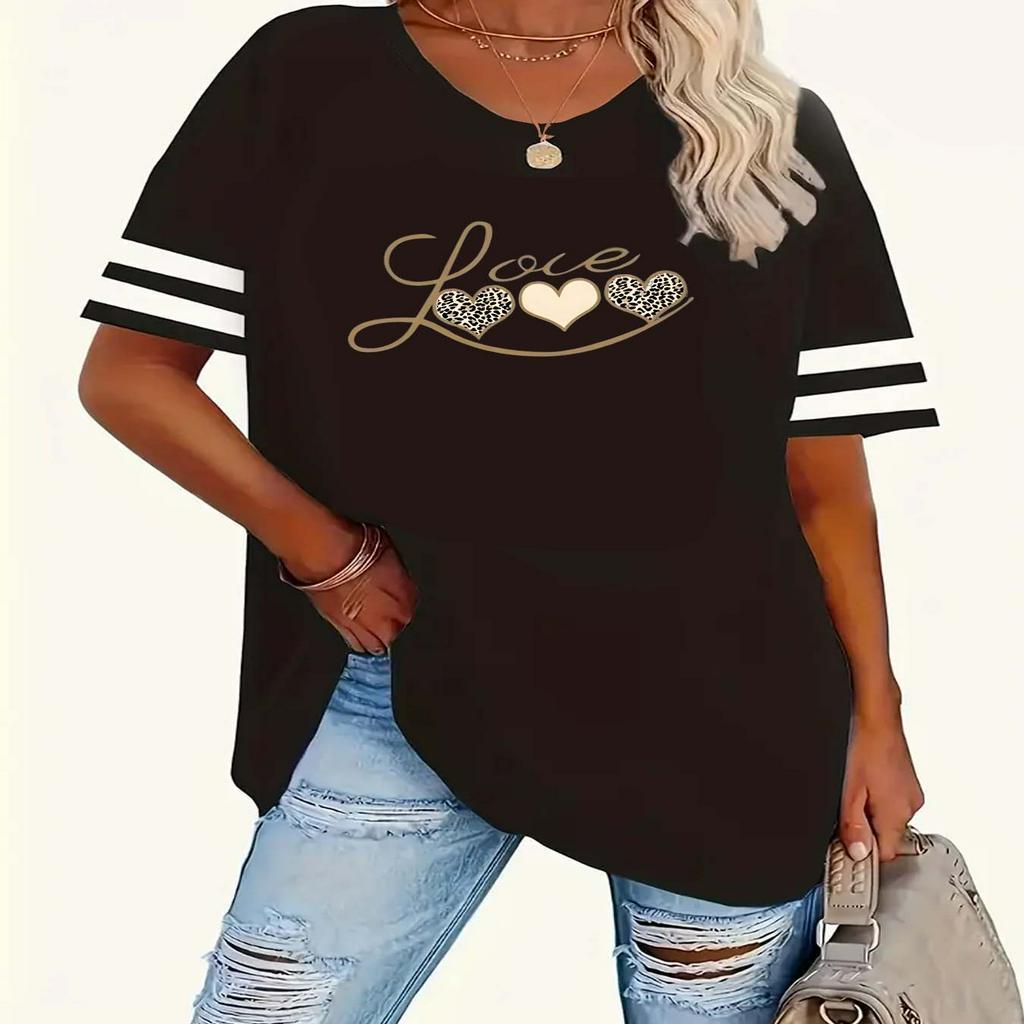 

1pc T-shirt à manches courtes et col rond décontracté pour femmes de grande taille avec imprimé cœur, tissu tricoté à légère extensibilité, motif alphabet, haut toutes - 1-8XL