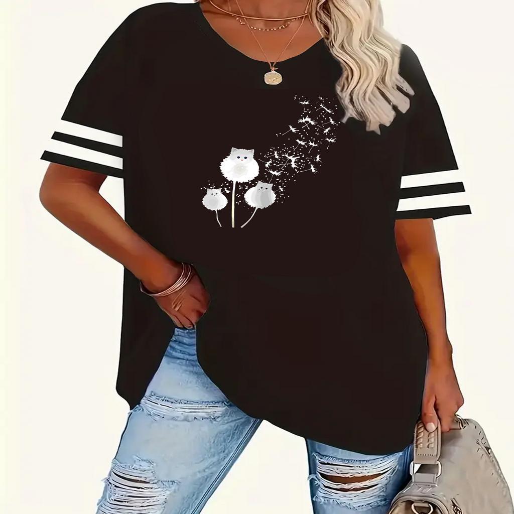 

1pc Women's Plus Size Casual T-shirt With Cartoon Print, Crew Neck, Short Sleeve, Striped Ribbed Knit Polyester Top, Stretch, - 1-8xl