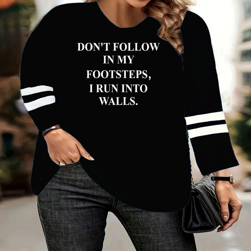 

1pc Women's Plus Size Casual Crew Neck Long Sleeve T-shirt With Striped Detail And Inspirational Quote, Polyester Knit Fabric With Stretch, - 1-8xl