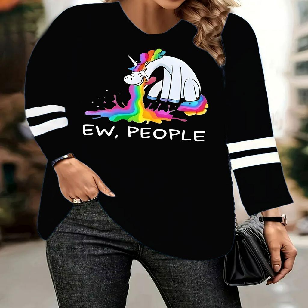 

Plus Size Women's Casual T-shirt - "ew, People" Unicorn Print, Long Sleeve, Round Neck With Ribbed Cuffs, Striped Detail, Polyester , Machine Washable, 1-8xl, Cartoon