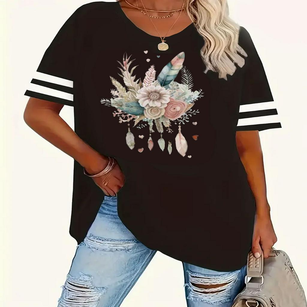 

1pc Women's Plus Size Floral Print T-shirt, Casual Crew Neck Short Sleeve Striped Tee With Ribbed Detail, Polyester Knit Fabric, Stretch, All - 1-8xl