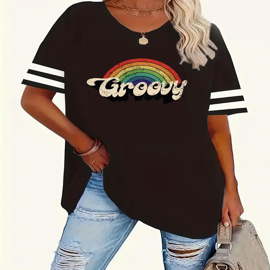 

Plus Size Women's Striped T-shirt With Ribbed Crew Neck And Letter Print, Polyester , Machine Washable - Sizes 1-8xl