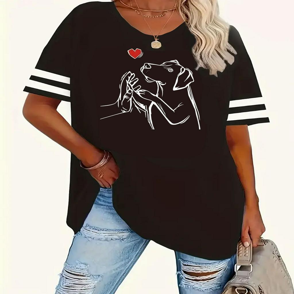 

1pc T-shirt décontracté à col rond pour femmes de grande taille avec de dessin , tee-shirt rayé à manches courtes, tissu tricoté en polyester avec légère extensibilité, confort toutes - 1-8XL