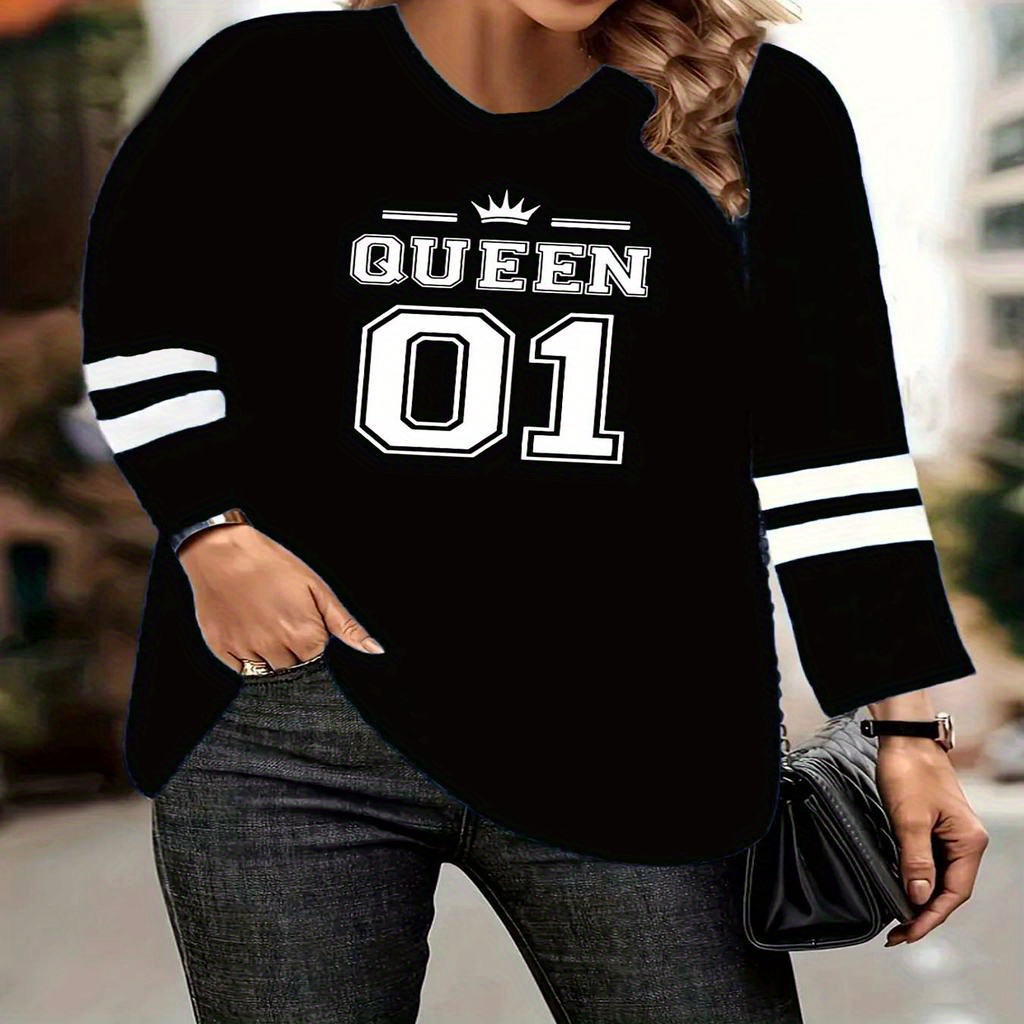 

| Plus Size Women's Casual Long Sleeve T-shirt - "queen" Print With Detail, Round Neck, Ribbed Cuffs, Machine Washable, Black, Sizes 1-8xl, Plus Size Shirts