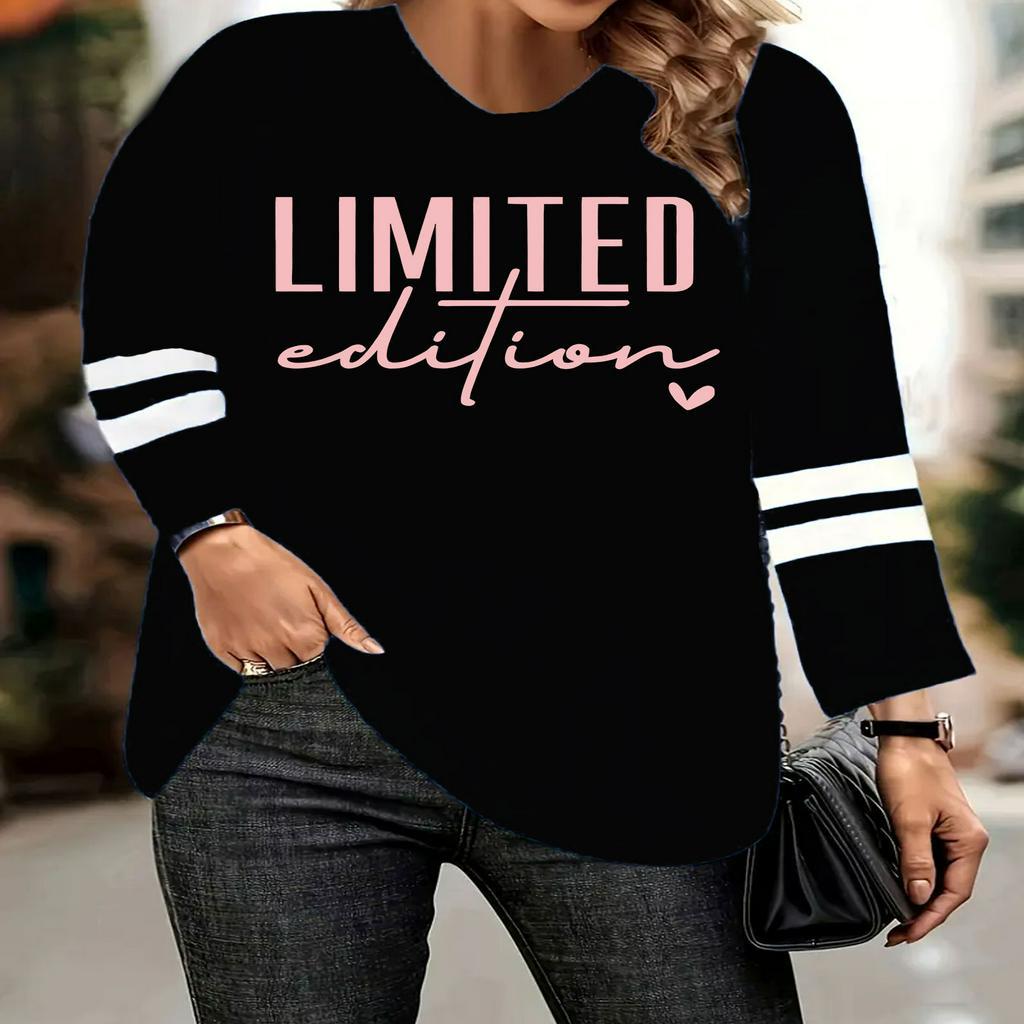 

Plus Size Women's Casual Long Sleeve T-shirt - " " Print, Striped Cuffs & Hem, Round Neck, Polyester , Machine Washable, 1-8xl, Print, Letter