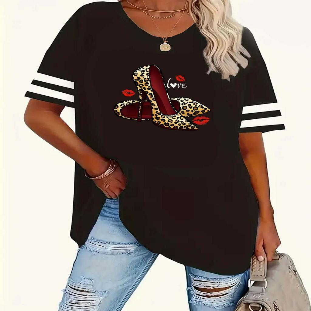 

Women's Plus Size Cartoon Print T-shirt - Casual Crew Neck, Short Sleeve With Striped Detail, Soft Polyester , Machine Washable - Sizes 1xl To 8xl