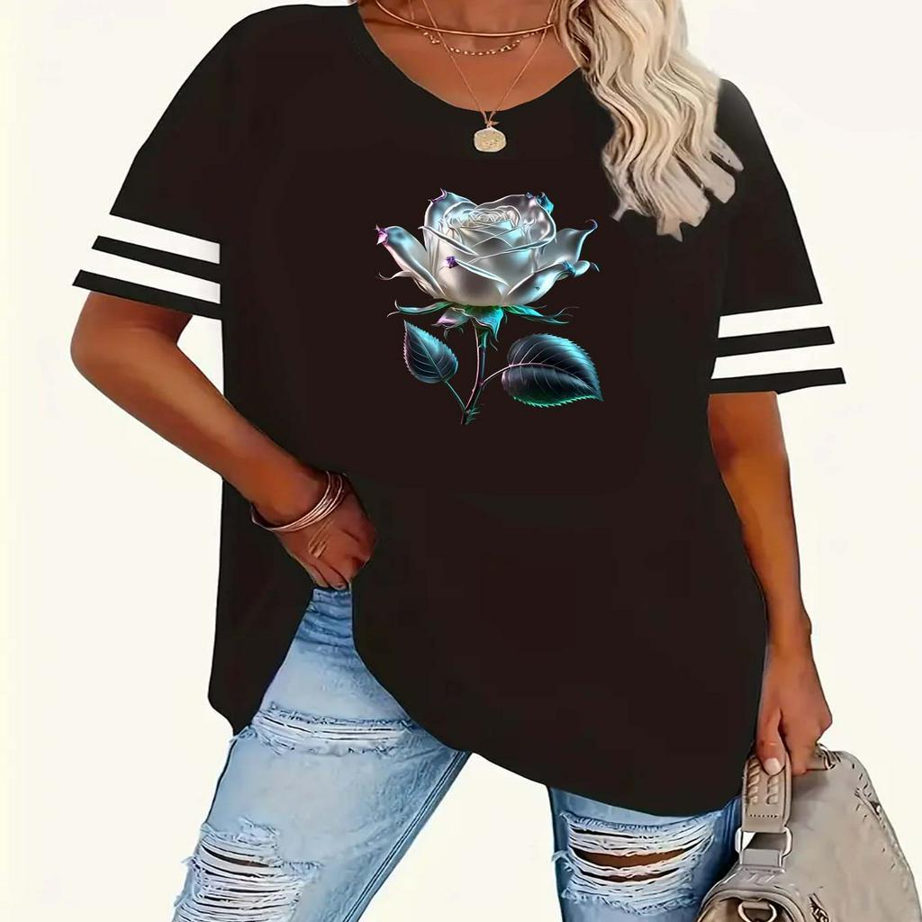 

Plus Size Casual Crew Neck T-shirt, Polyester Knit Fabric With Stretch, Cartoon Rose Print, Short Sleeve Striped Tee, For All , Sizes 1-8xl