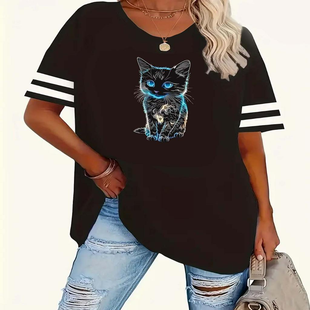 

Plus Size Print T-shirt, Casual Crew Neck Short Sleeve Striped Tee, Polyester Knit Fabric With Stretch, For Women, Fit 1-8xl