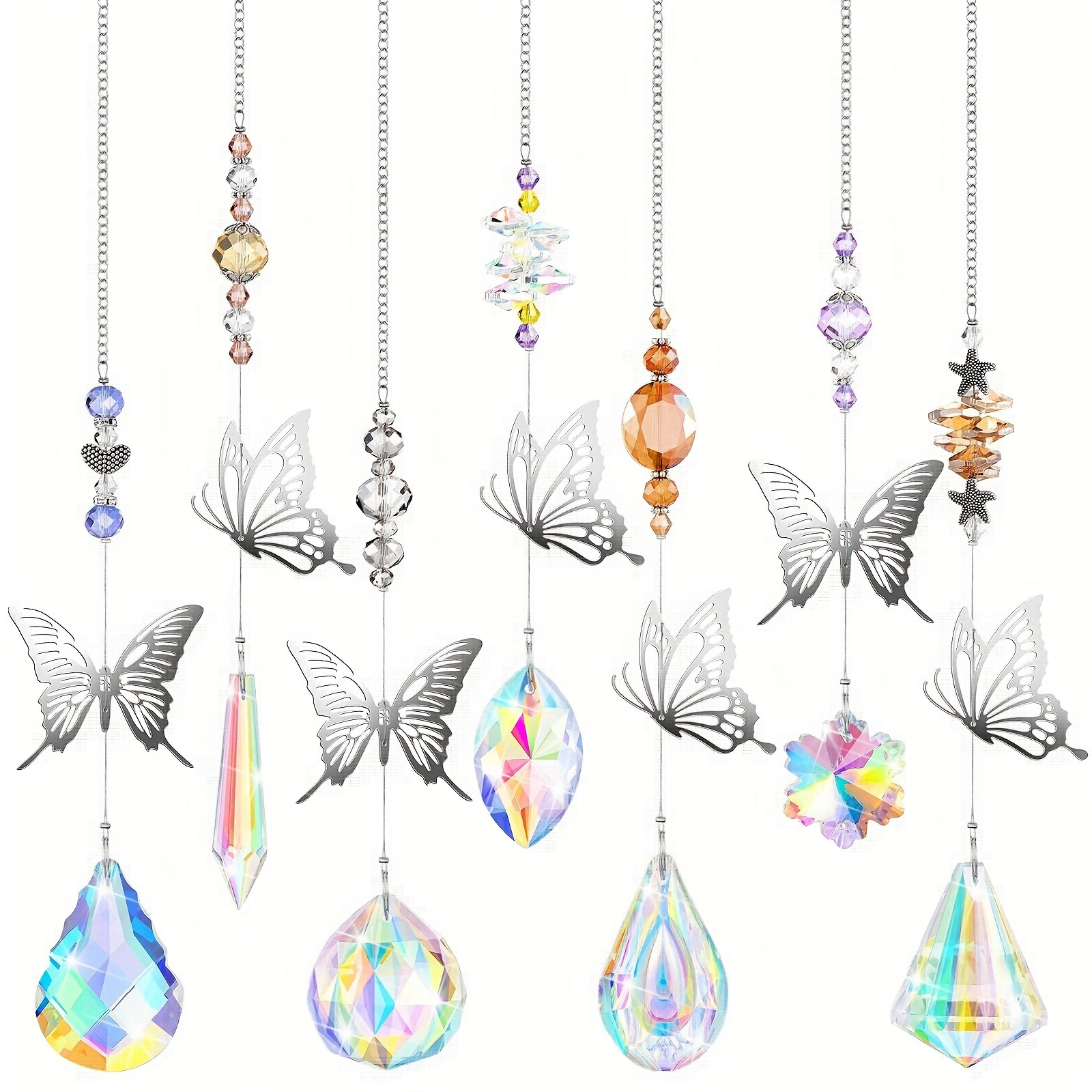 

7pcs Elegant Crystal Light Set - Glass Prism Pendants With Sparkling Beads, Wedding, Garden & Home Window Decor - Reflective Ab Color, Multi-shape, Holiday-themed, Decorations