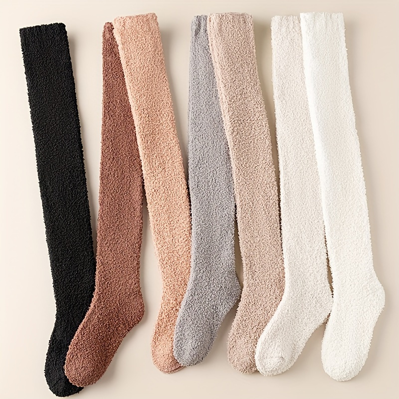 

Cozy Coral Fleece Knee-high Socks For Women - , Warm & Coldproof Winter Sleeping Socks, Solid Color, Polyester