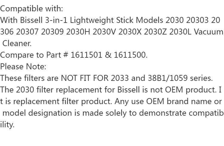 4  vacuum filters compatible with   models 2030 series enhances suction     pre motor foam filters details 2