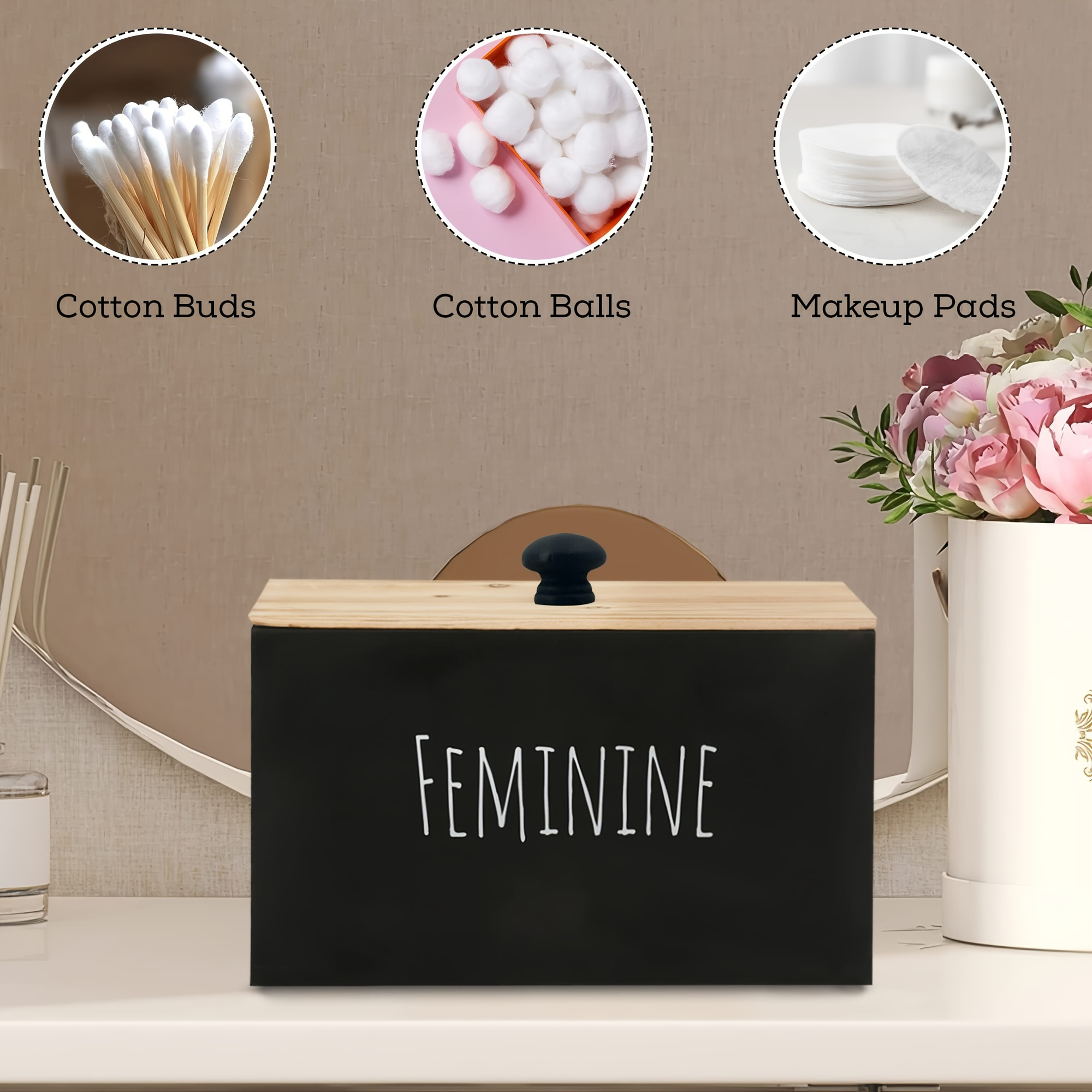 

1pc Wooden Tampon Box, Organizer Lid, Rectangular Decorative Bathroom , Multipurpose, No Required, For Organizing