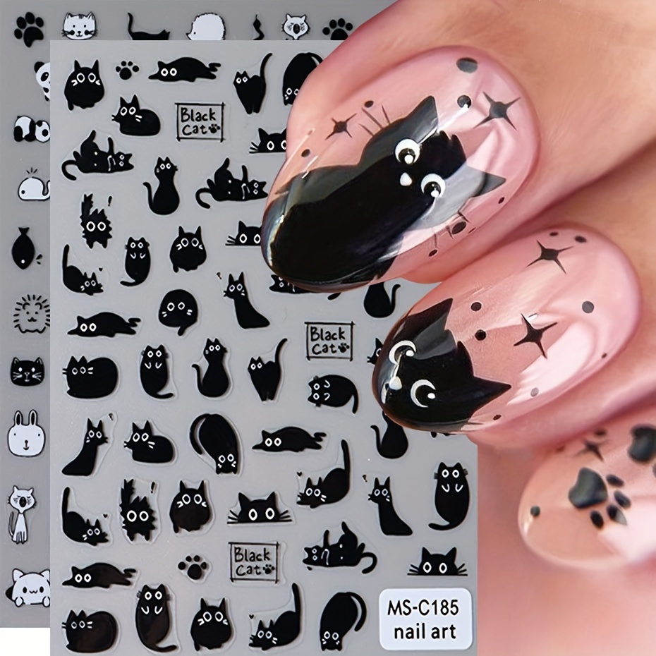 

Black Cat Cartoon Nail Art Stickers & Decals, 2 Pack, Self-adhesive Plastic Manicure Stickers, Animal Theme Nail Embellishments With Glitter Finish, Single Use, Free