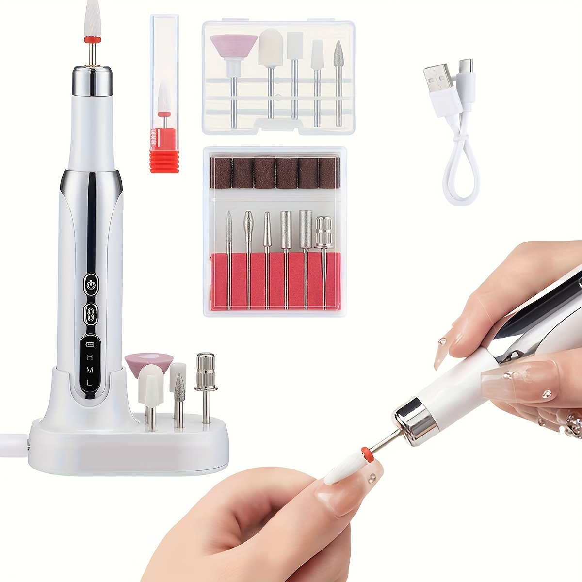 

Electric Nail Drill Set, Low Noise Rechargeable Manicure Machine With Dock Charger, 12 Grinding Heads, Usb Charging Interface, Professional Nail Care For Home Salon Use