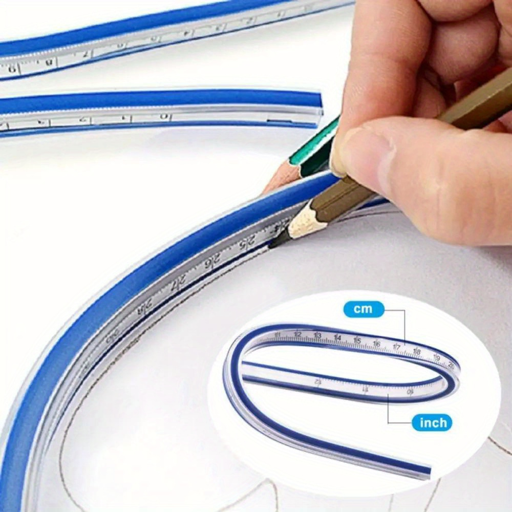 

Flexible 12-inch Curve Ruler With Clear Scale - Soft Plastic, Ideal For Sewing, Drawing & Design - Easy-clean , White/blue