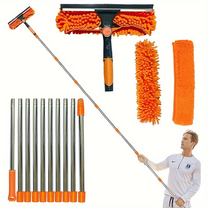 versatile chenille microfiber window cleaning kit with extendable stainless steel handle   for glass walls outdoor use details 0