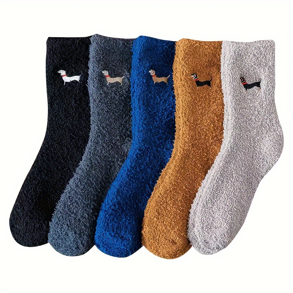 

2/3/5 Pairs Of Men's Warm Solid Dachshund Embroidered Crew Socks, Thickened And Comfortable Casual Warm Socks, Plus Velvet Floor Socks, Suitable For Winter And Autumn In Cold Weather