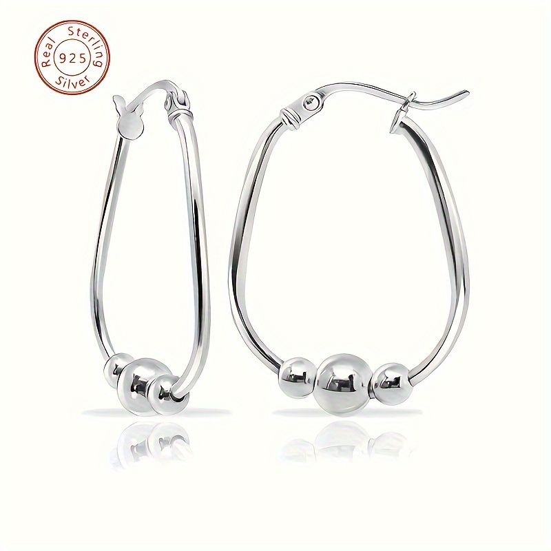 

1 Pair Of S925 Pure Silver 3-bead Ring Earrings, 18mm Pendant Bead Ring Earrings, Suitable As Gifts For Holidays To Give To , Suitable For And Attending Events, Comes With A Gift Box