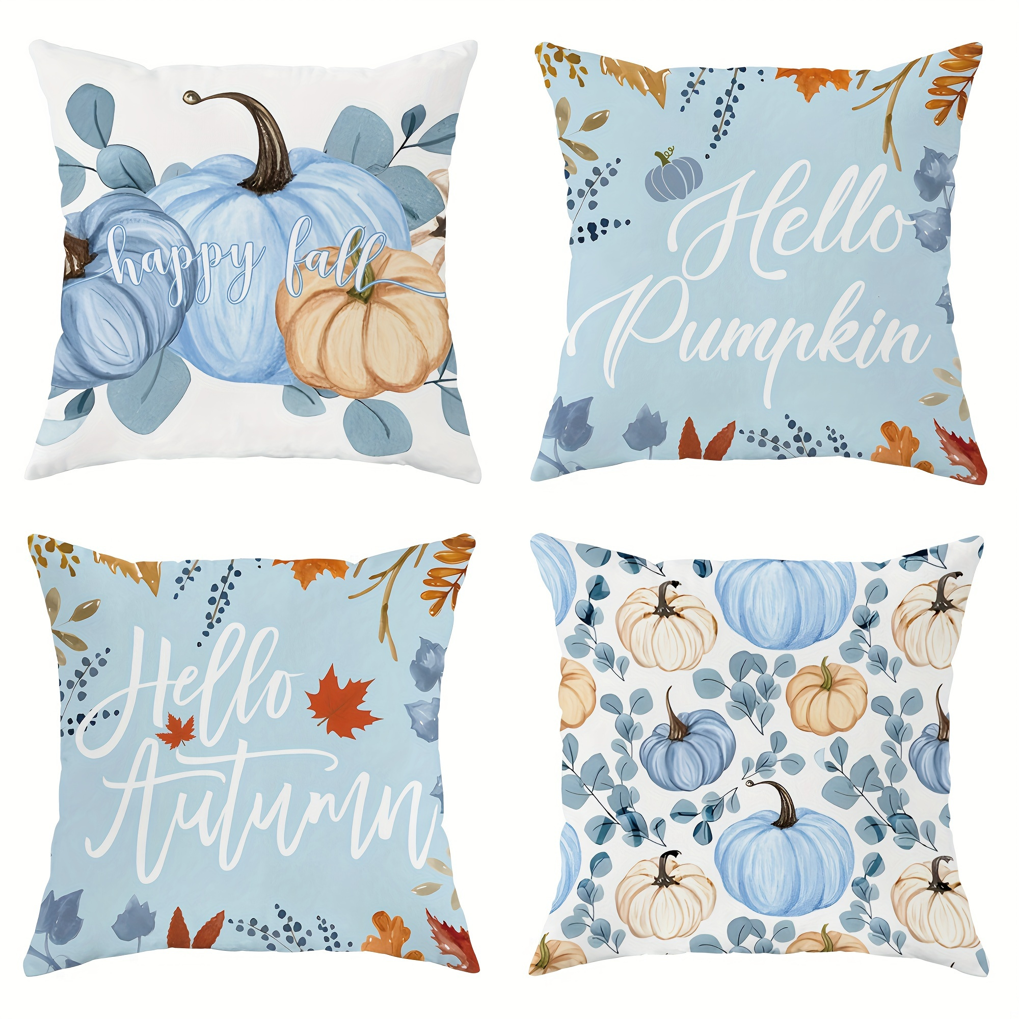 

Set Of 4 Throw Pillow Covers 16x16, 18x18, 20x20 Inch - Contemporary Autumn Theme Cushion Cases With Zipper Closure, Machine Washable, Pumpkin And Maple Leaf Design For Home Decor, Polyester Fabric,