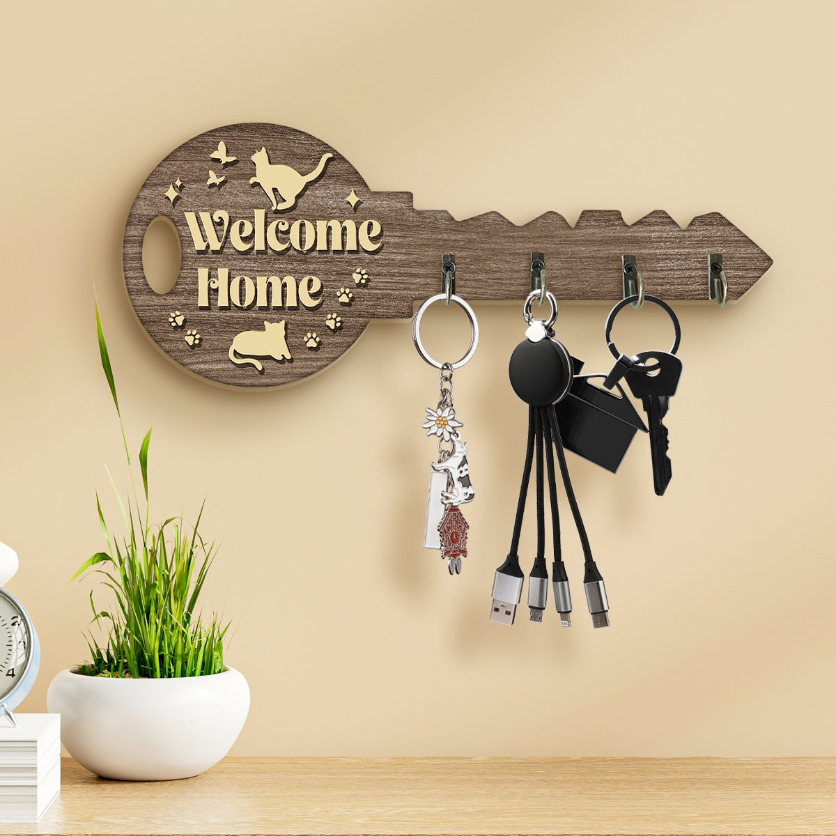 

1pc Vintage Wooden Key Shape Key Hook Wall Decoration Hook - Welcome Home - Bag Clothes Hook Room Dormitory Wall Hook, Halloween Thanksgiving Christmas Decoration