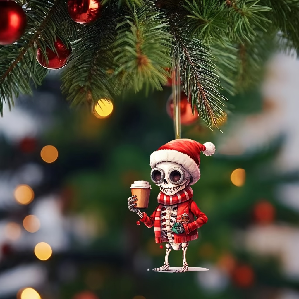 

1-pack Acrylic Christmas Skeleton Hanging Ornament 2d Flat Pendant With Santa Hat For Backpack, Home Decor | Ideal Gift For Pet Lovers