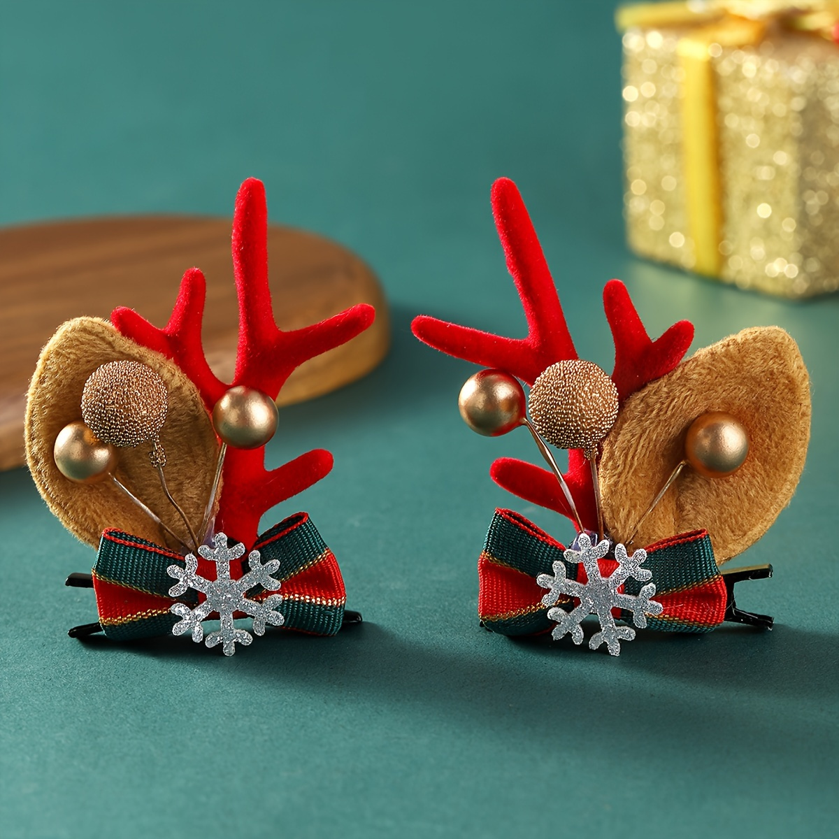 

2pcs Set Elegant Christmas Hair Clips With Cute Flocked Antlers & Snowflake Bow - , Best For Christmas