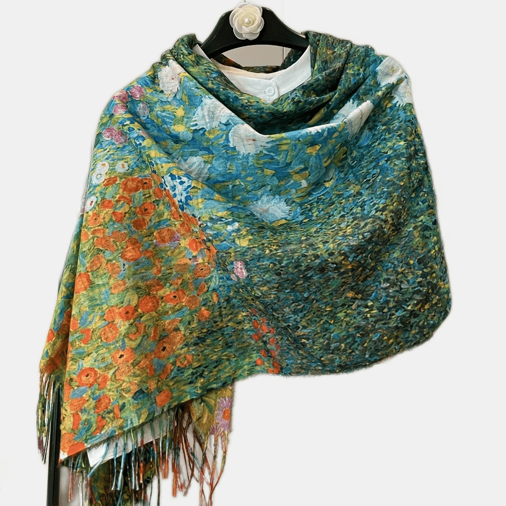 

Classic Oil Painting Print Scarf - Cozy Polyester Tassel Shawl For Women, Fashionable Warmth & Sun Protection