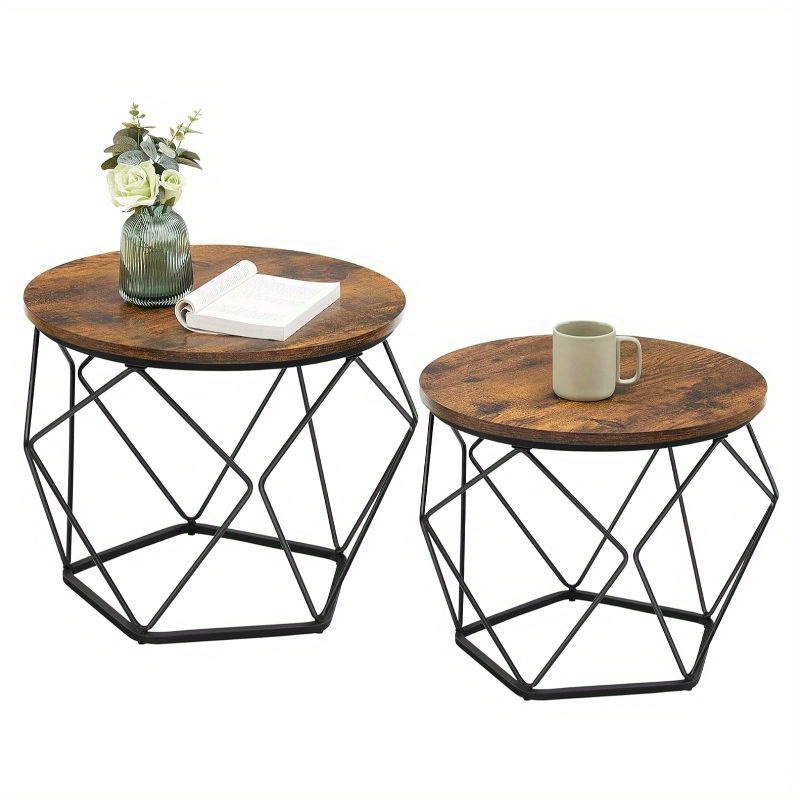 

Small Coffee Table Set Of 2, Round Coffee Table With Steel Frame, Side End Table For Living Room, Bedroom, Office