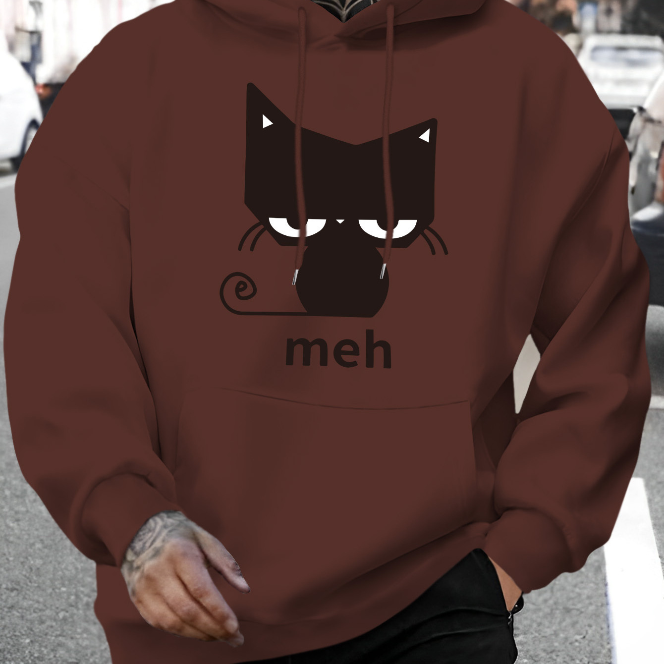 

Meh Cat Graphic , Drawstring Long Sleeve Sweatshirt , Clothing For , Men' &