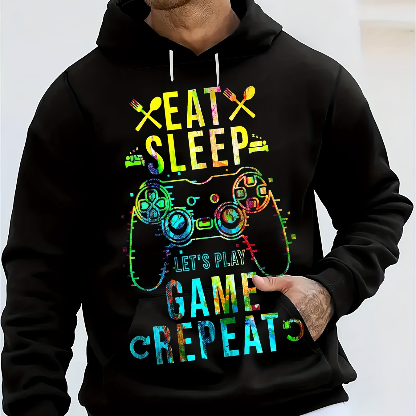 

Men's 'eat Game...' Print Hooded Sweatshirt, Casual Trendy Long Sleeve Top As Gift