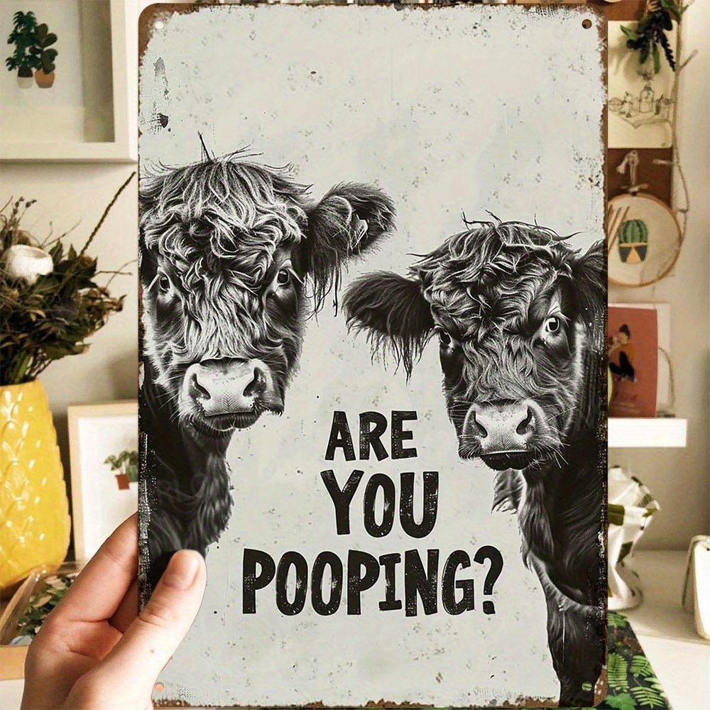 

1pc Humorous Cows Metal Sign - Vintage Aluminum Wall Art, Water & Dust-proof, Funny Bathroom Pooping Question Decor, Aesthetic Room Accessory, Home & Bar Novelty Gift, Holiday Decorative Ornament