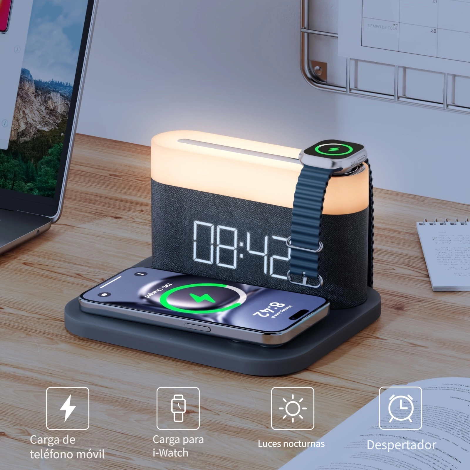 TEMU Led Night Light Digital Alarm Clock Compatible With Smartphones, Smartwatches, And Wireless Charging, 15w Touch Bedside Lamp With Adjustable Brightness And Qi Wireless Charging For Bedroom Use