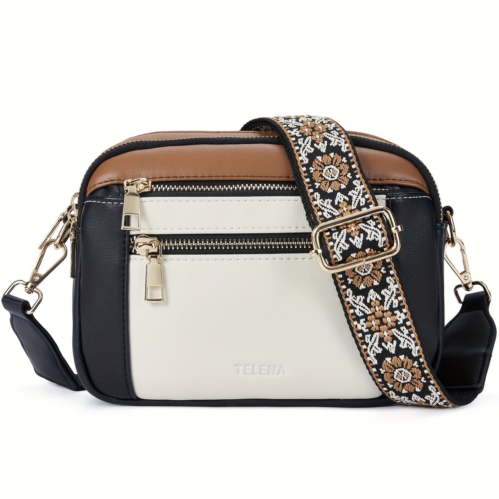 

Crossbody Bag With Adjustable Floral Shoulder Strap, Zipper Closure, And Detail – Stylish White & Black Urban Handbag For Women, Crossbody Purse