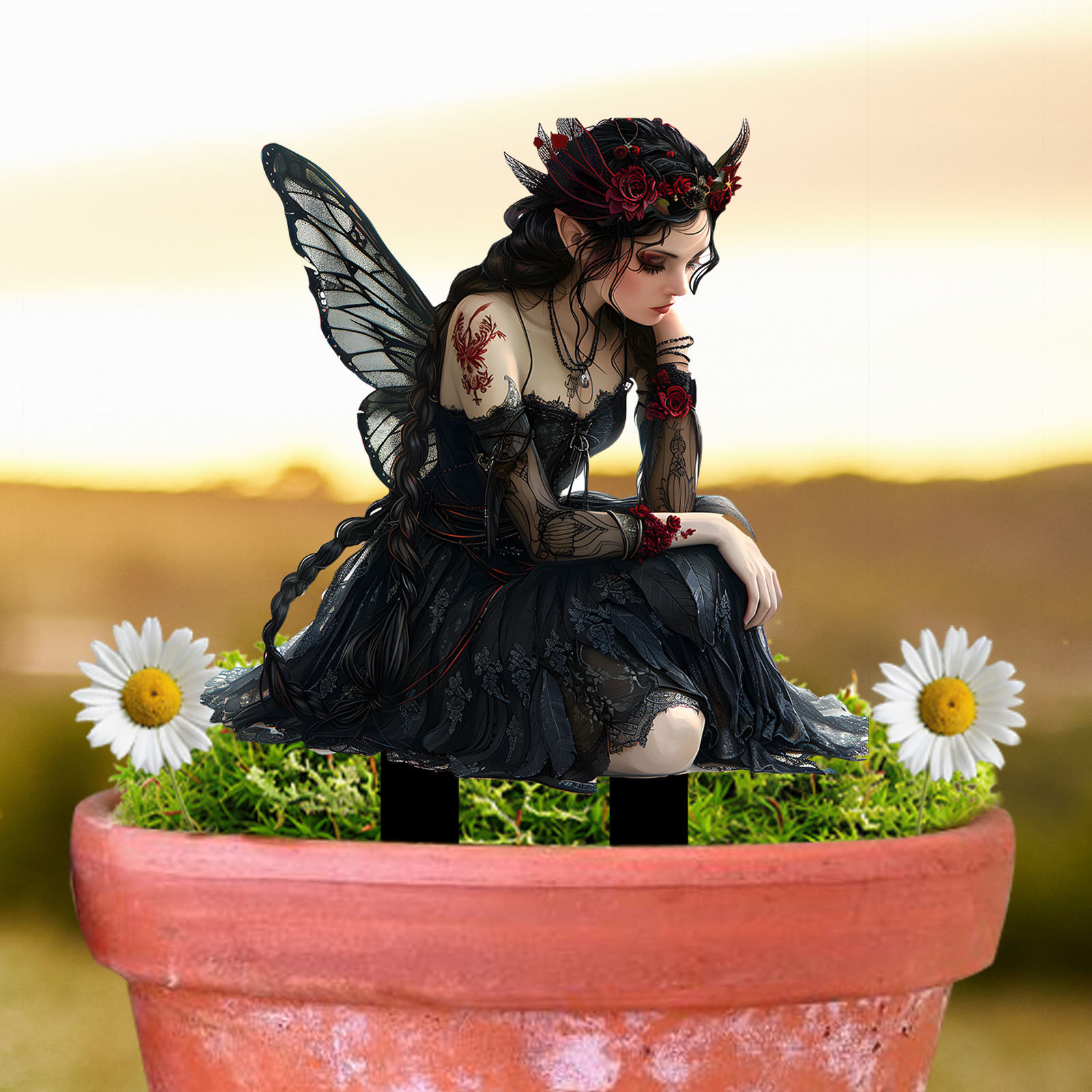 

1pc Elegant Acrylic Rustic Country Stake, Black-winged Fairy-garden Decor Multipurpose Outdoor Art, Fairy Garden Accessory For Halloween Thanksgiving Christmas, Gift For