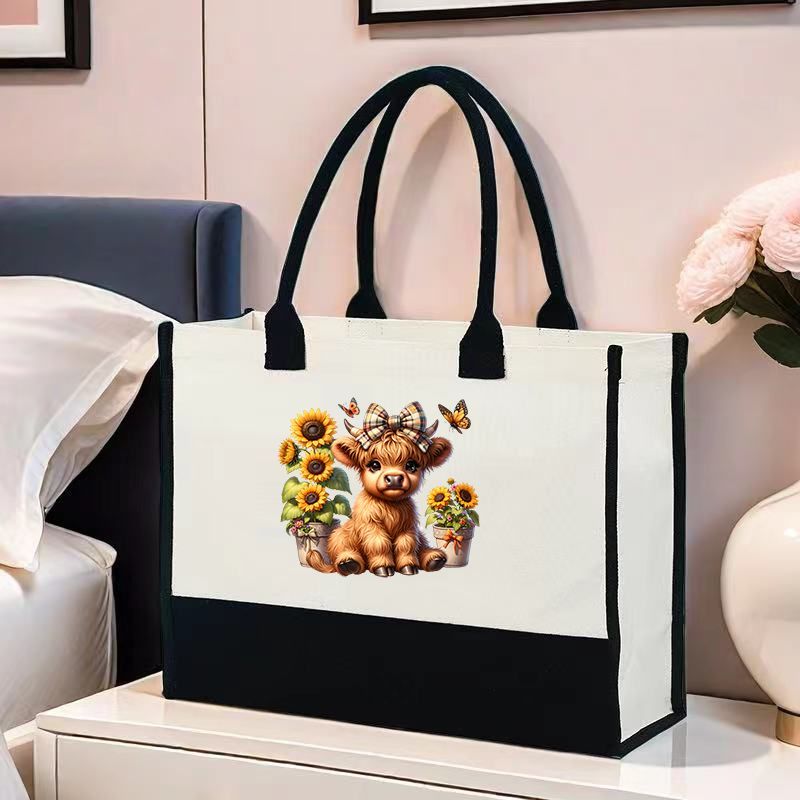 

Exclusive 882 Cow With Sunflower Print Tote Bag: Large Capacity, Rectangular, Canvas Kitchen And Dining Bag For Commuting And School