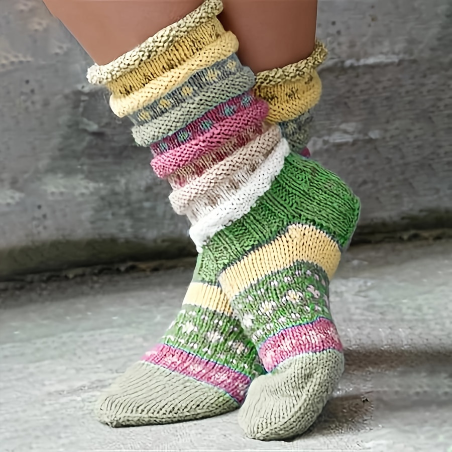 

Cozy Striped Knit Socks For Women - Vintage-inspired, & Warm Socks With Design, Machine Washable