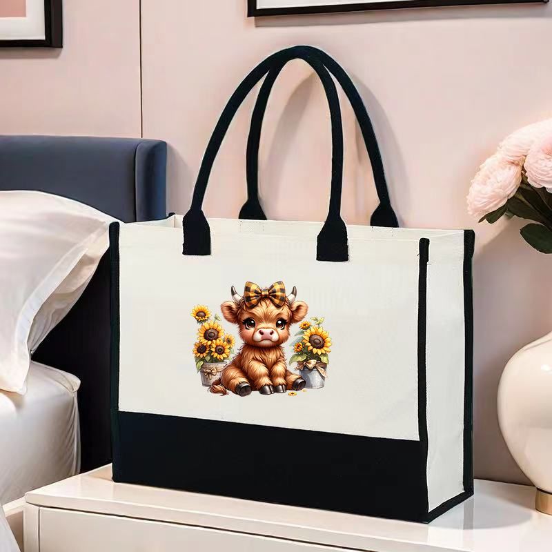 

Exclusive 882 Cow With Sunflower Print Tote Bag: Large Capacity, Rectangular, Canvas Kitchen And Dining Bag For Commuting And School