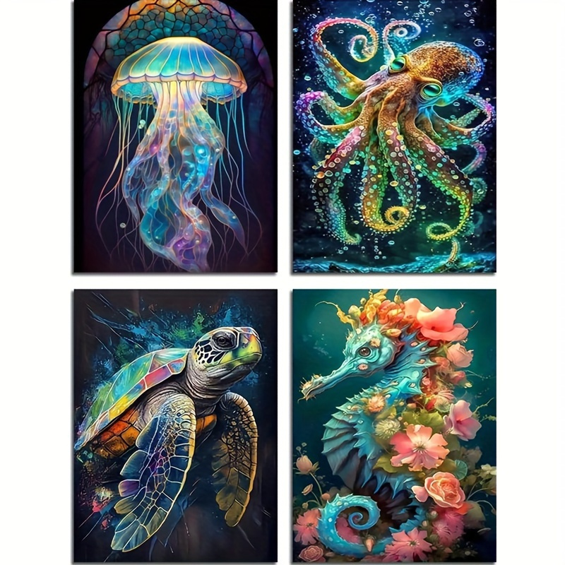 

5D Kits de peinture diamant - Ensemble de 4 animaux en acrylique , mosaïque de marine sous-marine, combinaison artisanale cadre, , poulpes, tortues de mer et hippocampes Art du diamant