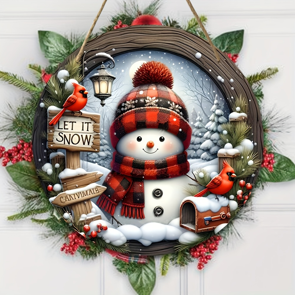 

Festive Christmas Wreath Centerpiece - 7.9" Round Wooden Decoration With Snowman, , And "let It Snow" Sign - Perfect For Door Or Wall Decor, No Electricity Required