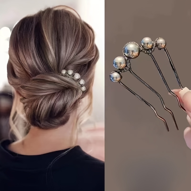 

Elegant U-shaped Hairpin With Pearls & Rhinestones - Stainless Steel, Vintage Chinese Style Comb For Women