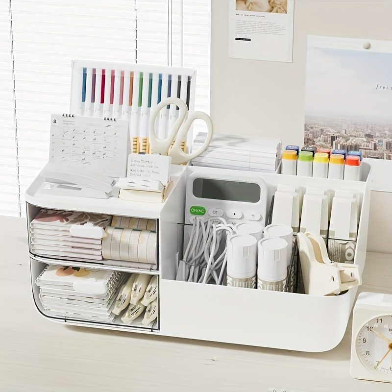 

Organisateur de bureau de grande capacité avec porte-stylo - Boîte de rangement en plastique crème couleur avec tiroir étagé pour le bureau, les étudiants et l'espace de travail domestique