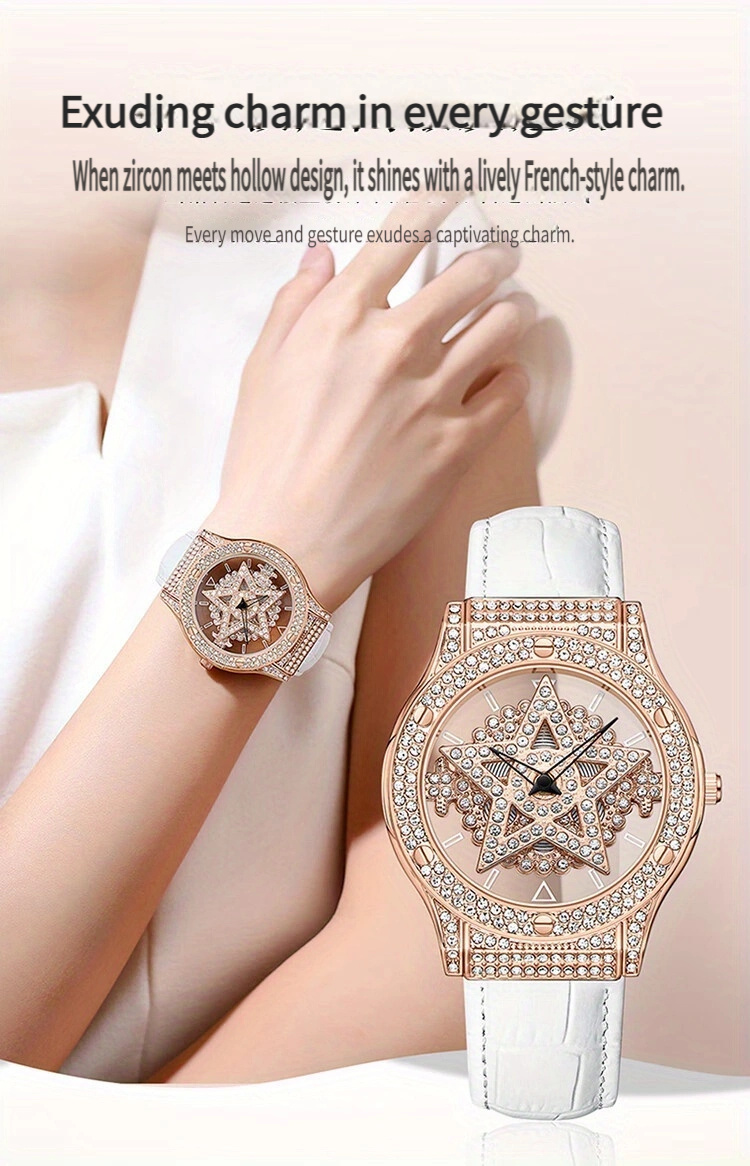 elegant quartz wrist watch for women with rhinestone embellished   design round   pu leather band pointer display mechanical self winding movement sweatproof and   details 1