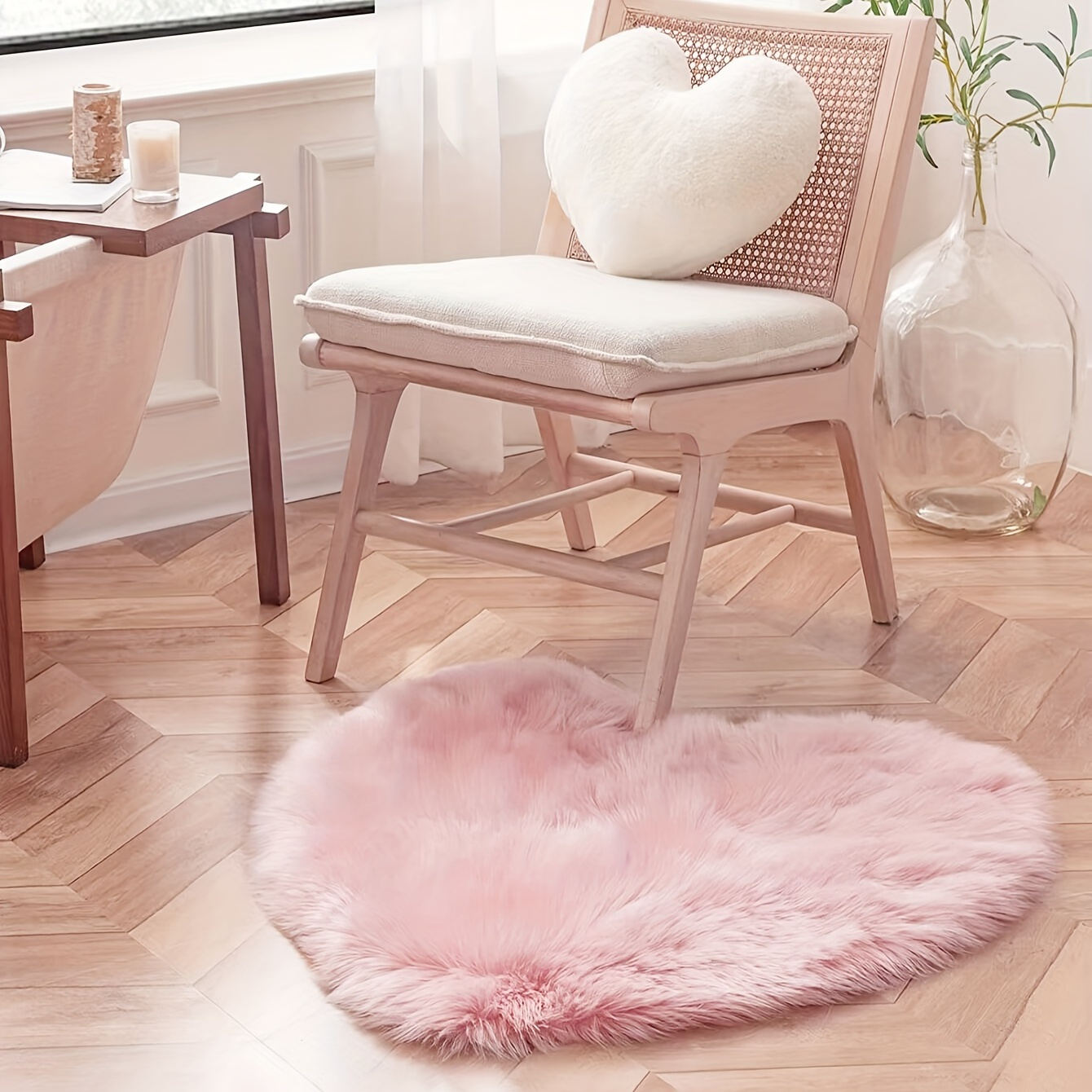   heart shaped plush pink   sheepskin rug soft cozy for girls bedroom vanity chair home decor perfect gift for christmas valentines day thanksgiving details 2