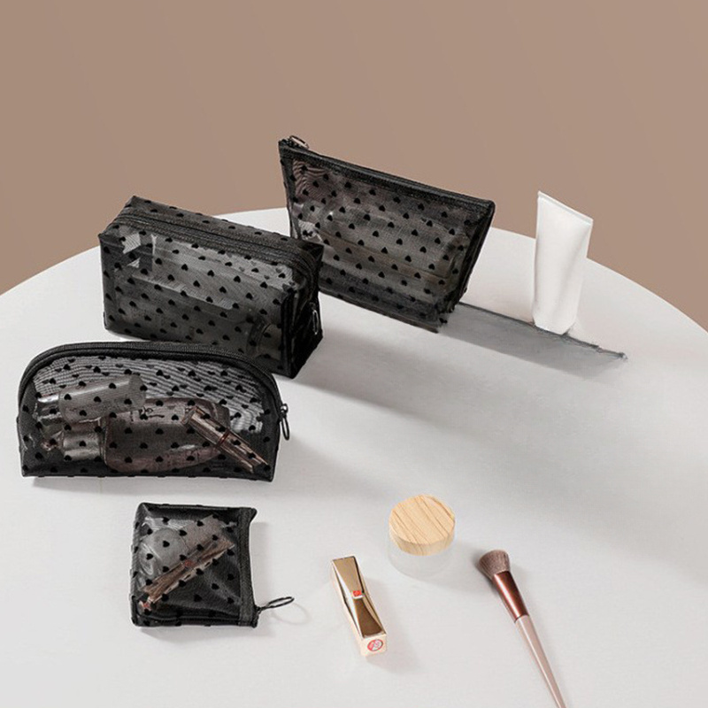 

Four-piece Mesh Cosmetic Bag Set, Non-, Black Braid Material, Hypoallergenic Transparent Makeup And Toiletry Organizer