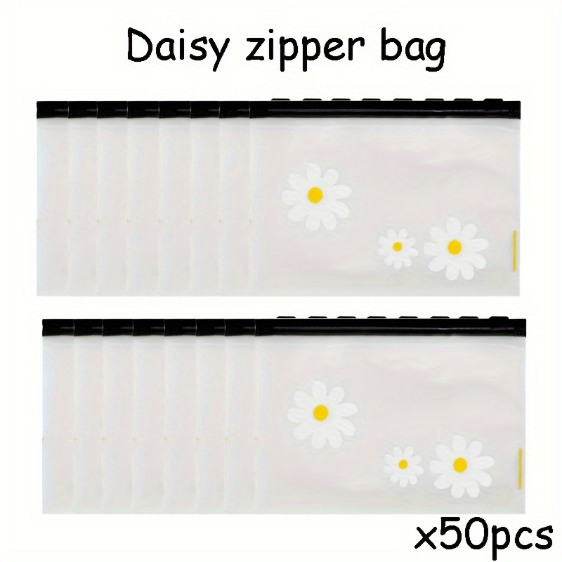 

50 Pack Transparent Daisy Print Zipper Gift Bags, Plastic, 6.7x4.2 Inches, Leaf/bee Theme, For Crafts & Home Organization