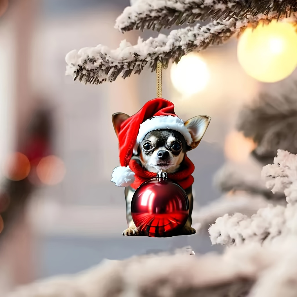 

Mischievous Chihuahua In Santa Hat 2d Acrylic Hanging Ornament, Festive Rearview Mirror Decor, Holiday Party Accessory, Home Kitchen Decoration, Purse & Keychain Charm