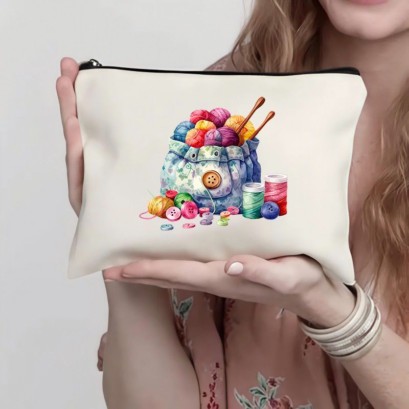 Image of Special Edition Knit Sweater Element Canvas Bag Makeup Pouch, Crochet And Knitting Print Canvas Makeup Bag For Women, Zipper Pouch, Cosmetic Organizer, Travel Toiletry Bag