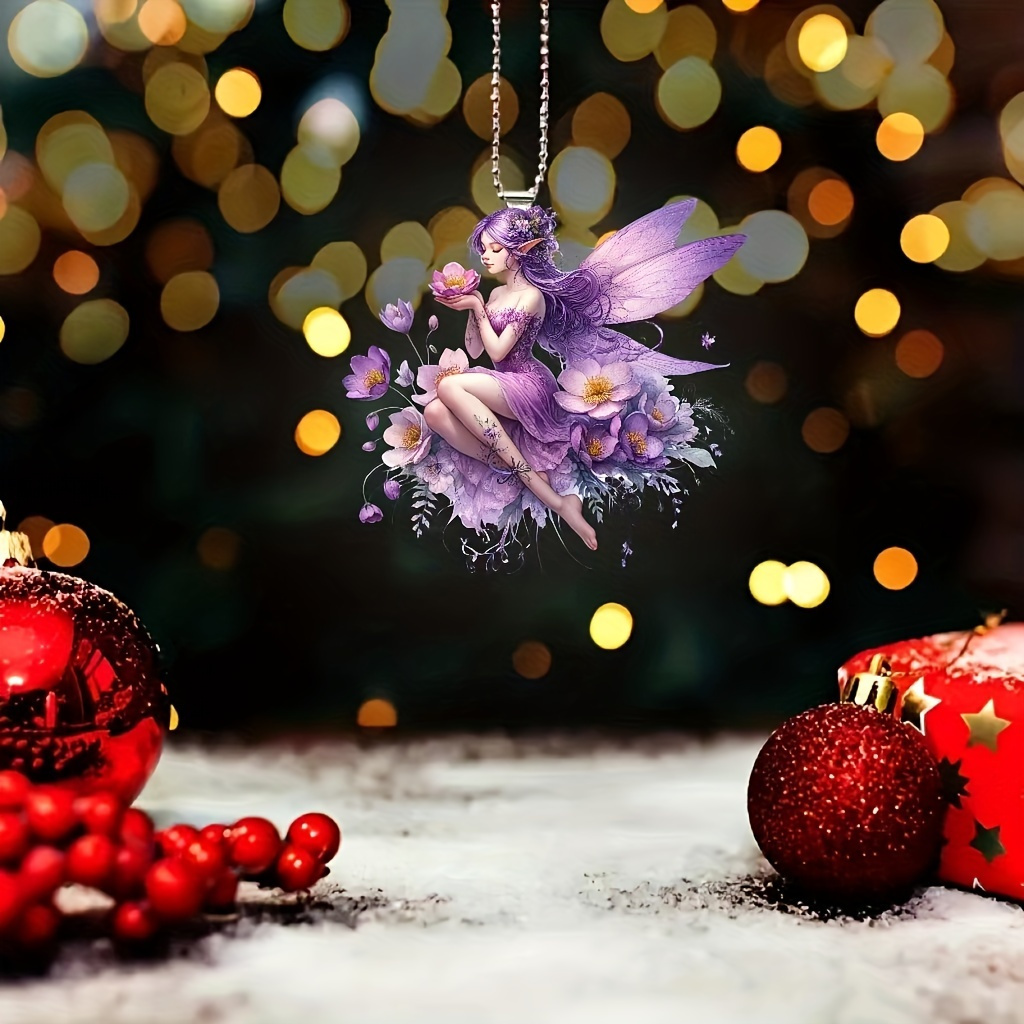 

1pc Fairy Butterfly Acrylic Hanging Ornament - Purple Winged Fairy With Floral Design For Home, Holiday Parties, And Christmas Tree Decoration